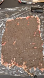 Duxelles spread over the overlapping prosciutto slices