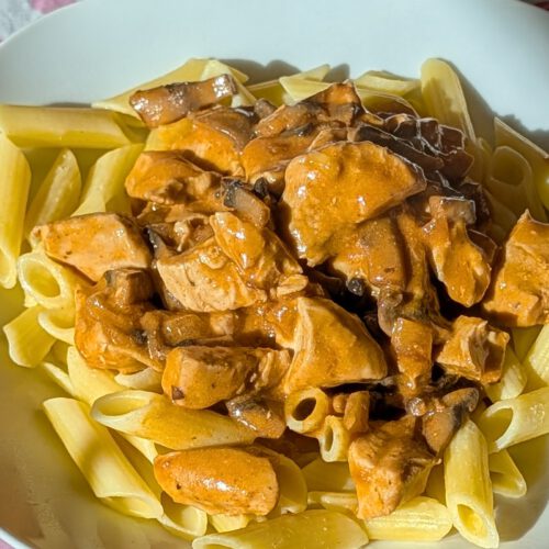 Creamy chicken stroganoff with mushrooms over gluten-free penne on a plate on a heart-patterned tablecloth in sunlight